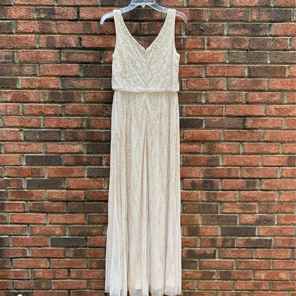 Adrianna Papell Brooklyn Prom Bridesmaid Dress Beige Zipper V Neck Sequins 4 - Picture 4 of 10
